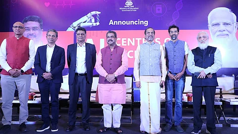 Minister Dharmendra Pradhan introduces three AI Centres of Excellence (CoEs) in New Delhi, targeting Healthcare, Agriculture and Sustainable Cities. (Image: Official X account/Dharmendra Pradhan)