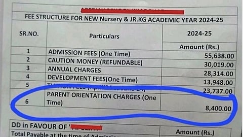 A hefty ₹8,400 fee for parents’ orientation sparks outrage, highlighting growing concerns about the commercialization of education. (Image Credit: x/@DrJagdishChatur)