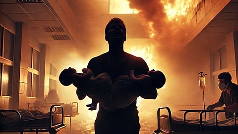 In the face of a tragic hospital fire, Yakoob Mansuri, a father rescued seven infants from the fire but couldn’t save his own daughters. Families now demand justice. (Representational Image-Generated by Canva)