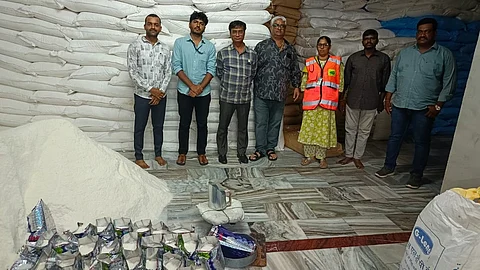 The raid led to the seizure of a staggering 60,050 kilograms of coconut powder, estimated to be worth ₹92.47 lakh, from Akash Trading Co., (Image Credits: X Source/cfs_telangana)