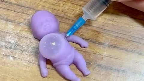 A person injects a toy baby with a syringe, demonstrating a medical procedure in a playful context.