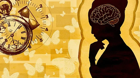 A woman, symbolizing the interplay of time and fleeting thoughts in ADHD.