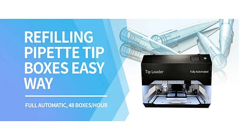 An image of a Tip Loader refilling pipette tip boxes, demonstrating a convenient and effective laboratory tool.