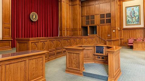 A close-up picture of a courtroom