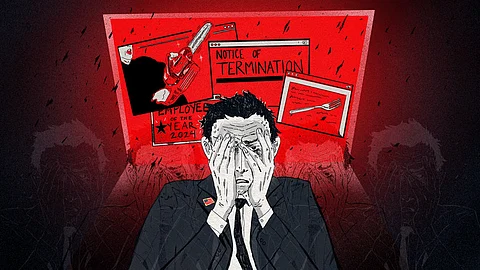 A man sits covering his face with his hands, with several documents scattered around him on a red background.