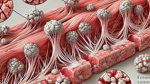 Illustration of a healthy muscle fibre along with a fibrosed one.