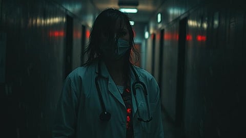 A close-up of a female doctor staring