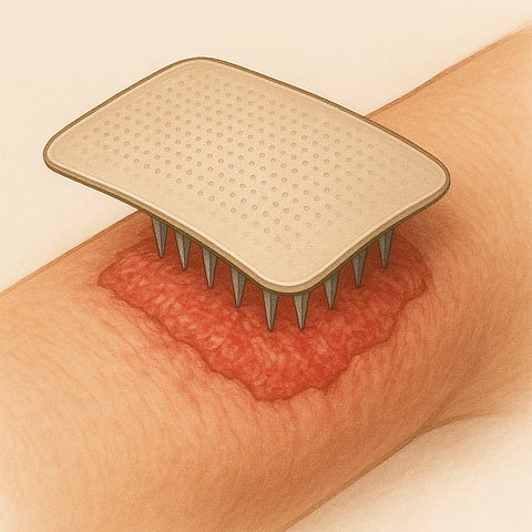 Illustrative image of a microneedle patch on a wounded skin.