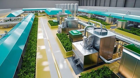 A biofuel production facility with industrial equipment, pipelines, greenery.