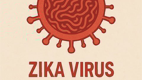 Words 'zika virus' written in red letters with a circular spiked particle depicting the virus.