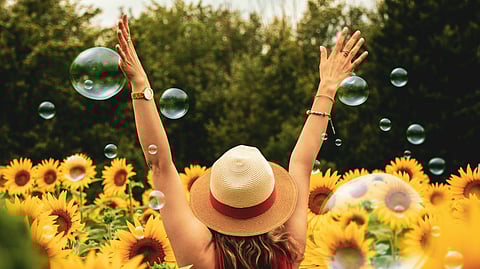 Woman Surrounded By Sunflowers