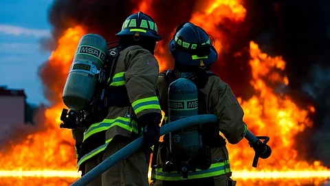 Two firefighters in action, battling a fire.