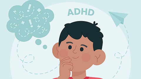 An illustration of a child with thoughtful expression. Background shows ADHD written in block letters.