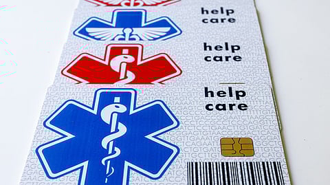 Number of medical Id cards with a chip neatly arranged in a line.