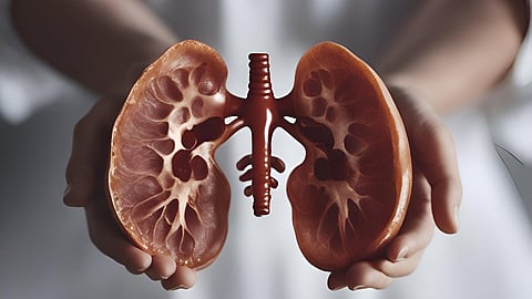 Female doctor holding human kidney model in her hands closeup view