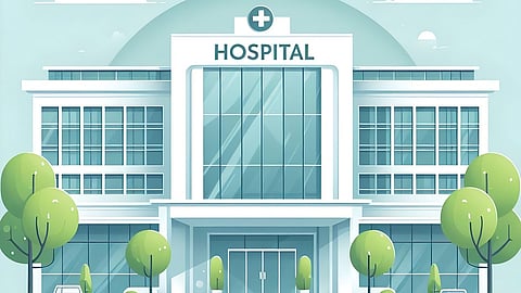 The image shows an illustration of a hospital building.A person ha