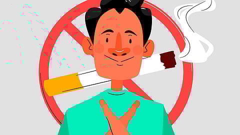 Illustrated image of a smiling man making a cross sign with his arms in front of a large "no smoking" symbol.