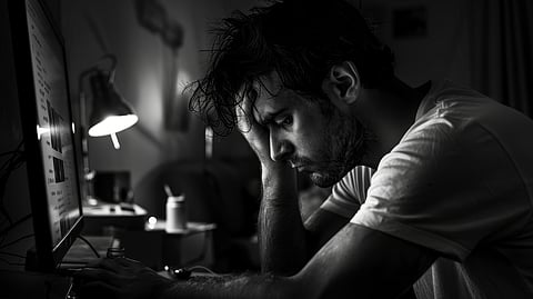 A man is holding his head looking tired sitting at a table.