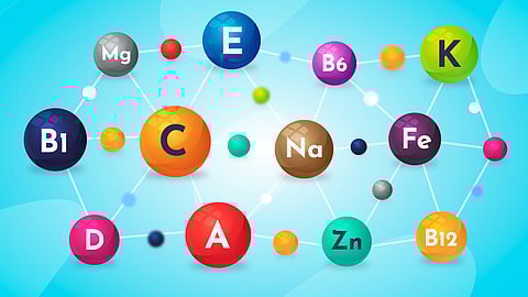 Several symbols of chemical components are displayed in different colors in blue background.