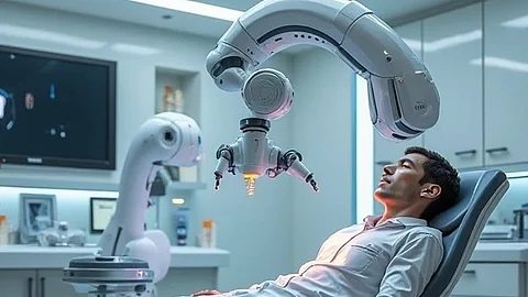 A robot performing a medical checkup on a man