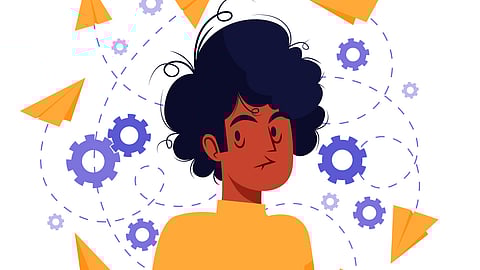 Cartoon illustration of a child with so many thoughts running through his head.