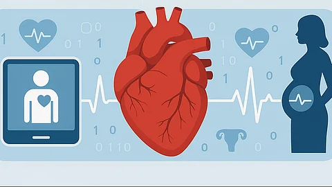 A digital representation with a heart, pregnant woman and an ECG.