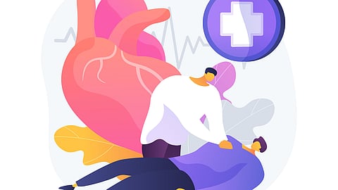 An illustration of a person doing CPR on another individual.