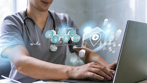 Medical banner with doctor working on laptop