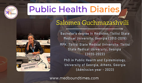 A picture of Salomea in a conference as representative of WHO Georgia with a mic in front of her.