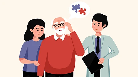 An elderly man is standing with a woman and a doctor, engaged in conversation about his dementia.