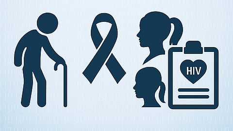 An illustration which shows an elderly person with a walking stick, HIV symbol, and two female heads.