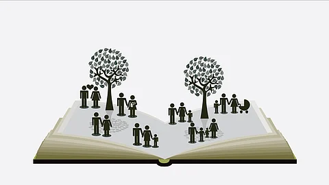 An illustration of two family trees growing from an open book with more than 3 generations.