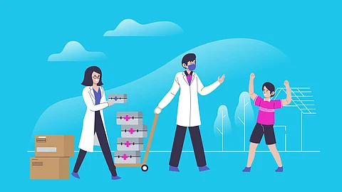 A cartoon illustration where two healthcare workers in white coat and a child nearby.