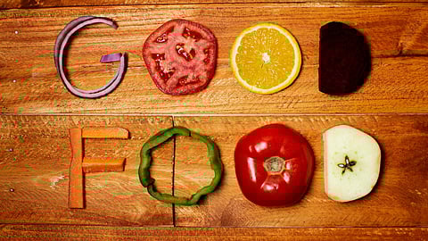 Top view food arrangement on wooden background