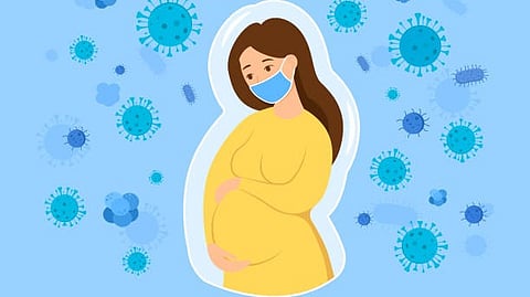 A pregnant woman wearing mouth mask surrounded by viruses.