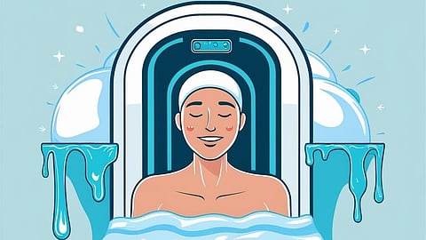A woman in the cryotherapy chamber for weight loss.