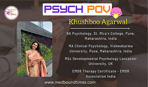 An image of Khushboo Agarwal smiling in a peach saree outdoors.