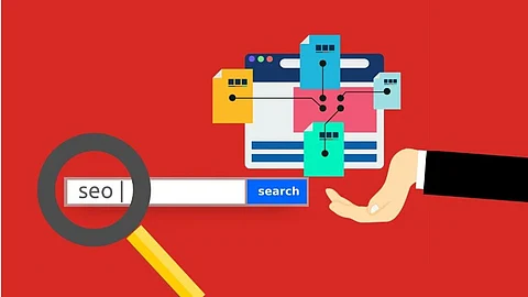 A magnifying glass is focused on the word 'SEO' typed into a search bar and multiple colorful pages