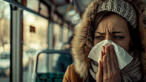 A sick adult blowing their snot