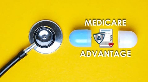 A stethoscope beside a blue and white capsule and a health insurance graphic.