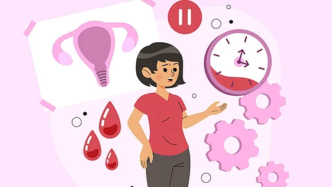 An illustration of a woman thinking about her menstrual cycle with images of blood drops, uterus and a timepiece shown.