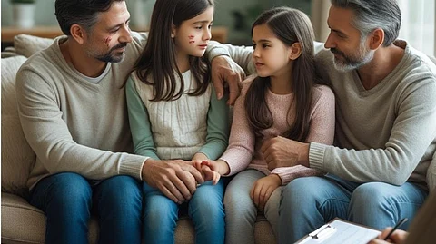 Two adults and two young girls are sitting together on a sofa in a therapist's office.