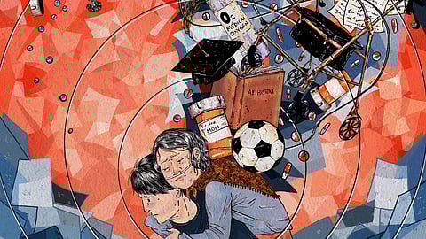 A painting of a woman and child, illustrating the role of young caregivers for the elderly.