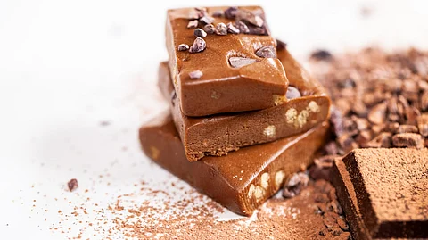 Brown chocolate bar on white surface