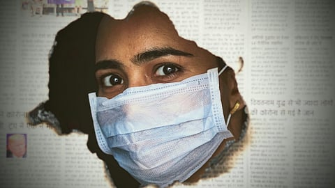 The front page of a newspaper shows a masked woman's face, highlighting a medical negligence case.