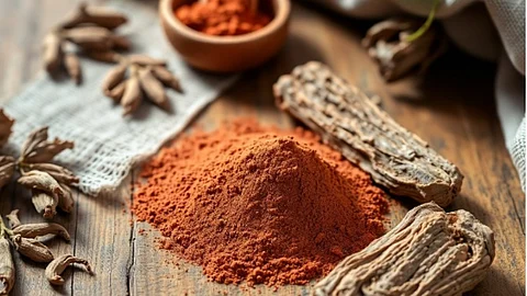 A red powder and some other wooden bark pieces and spices spread on a wooden table.