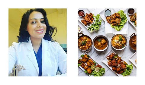 Dr. Harjasleen Walia in a whit coat and thai food