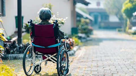 An elderly woman in a wheelchair views a peaceful garden path lined with plants and flowers.