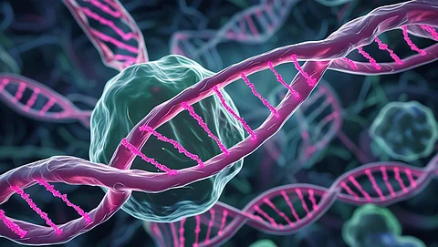 A digital illustration of DNA strands, surrounded by cells, representing genetic structures.