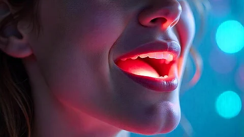 A woman smiling, her mouth illuminated by red lights, symbolizing the importance of oral health for overall wellness.